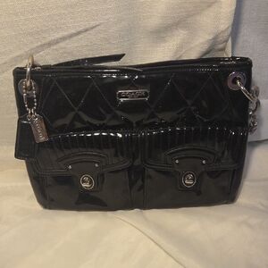 Coach Poppy Black Patent Leather Shoulder Bag Silver Tone Hardware Pink Interior